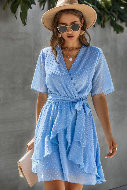 V Neck Ruffled Hem Wrap Dresses