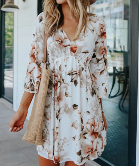 Floral 3/4 Sleeve Empire Dress
