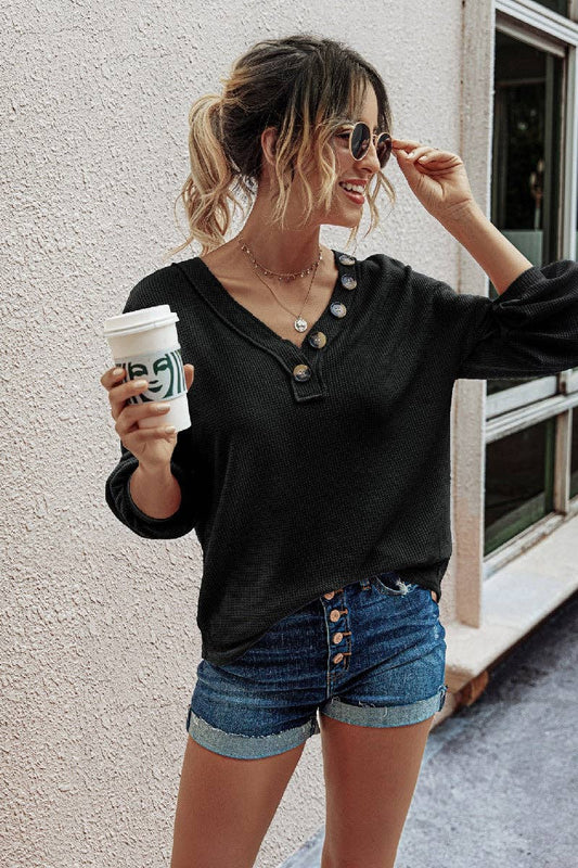 Solid Waffle Knit Button V Neck Lantern Sleeve Shirt