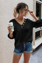 Solid Waffle Knit Button V Neck Lantern Sleeve Shirt