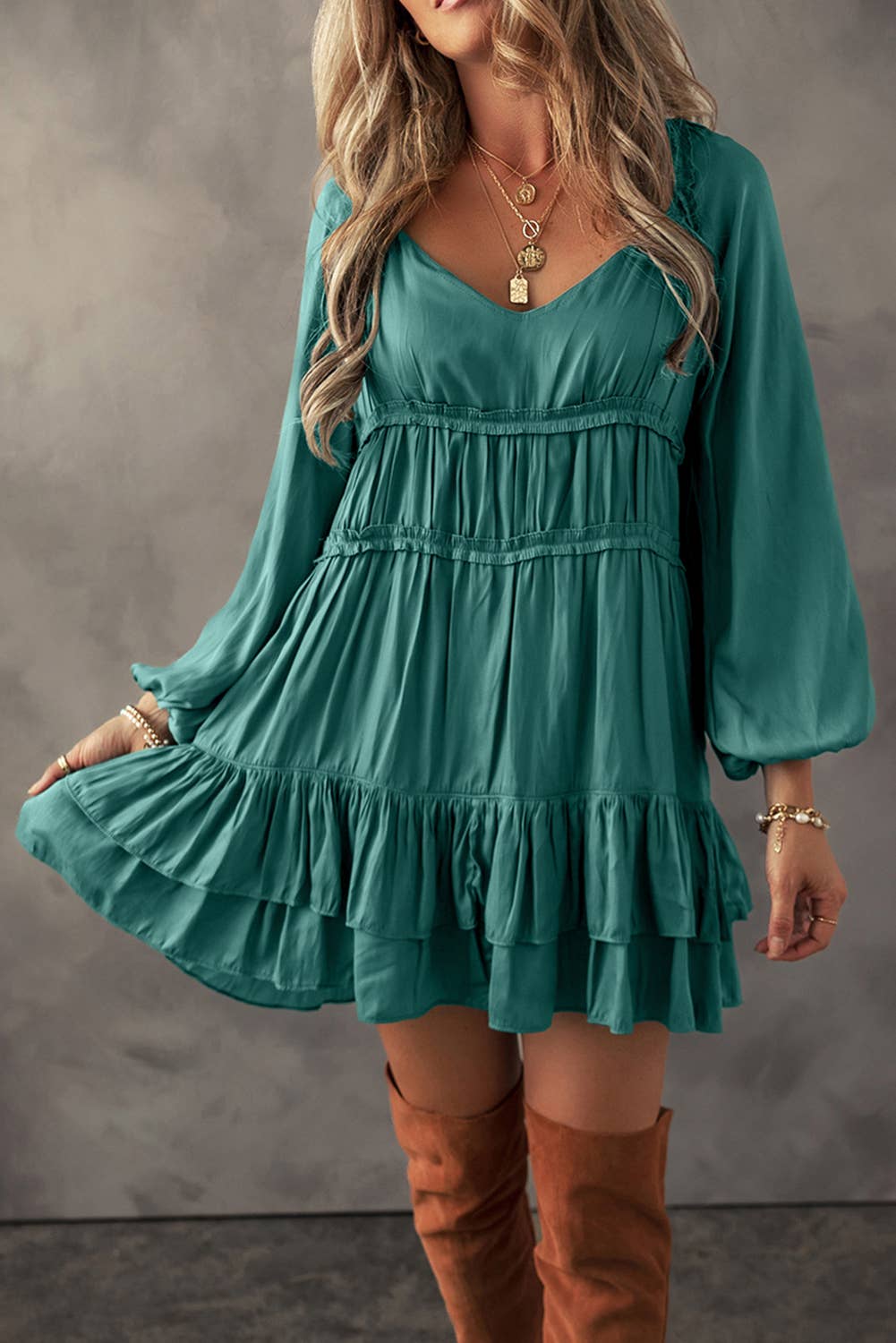 LDC Tiered Ruffled Puff Sleeve Loose Fit Mini Dress