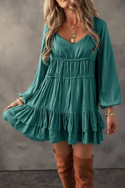 LDC Tiered Ruffled Puff Sleeve Loose Fit Mini Dress