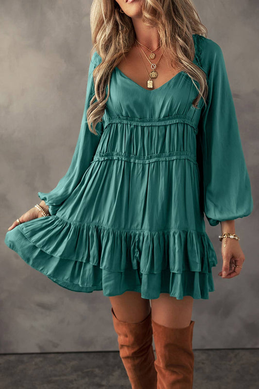 LDC Tiered Ruffled Puff Sleeve Loose Fit Mini Dress