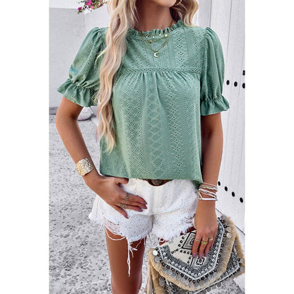 Round Neck Embroidery Ruffle Sleeve Loose Fit Shirts