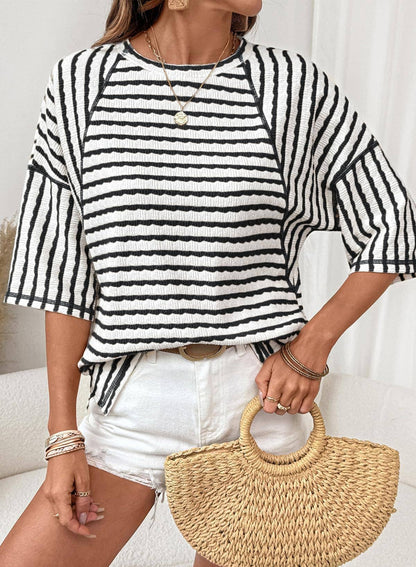 Striped Textured Tee Oversized Casual Boutique Top