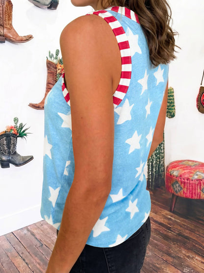 Tie Dye Star Print Striped Trim Round Neck Casual Tank Top