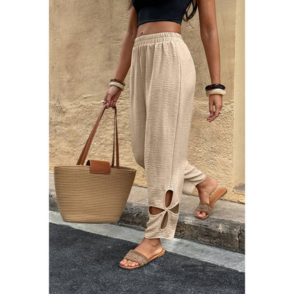 Solid Loose Elastic Waist Hollow Out Long Pant