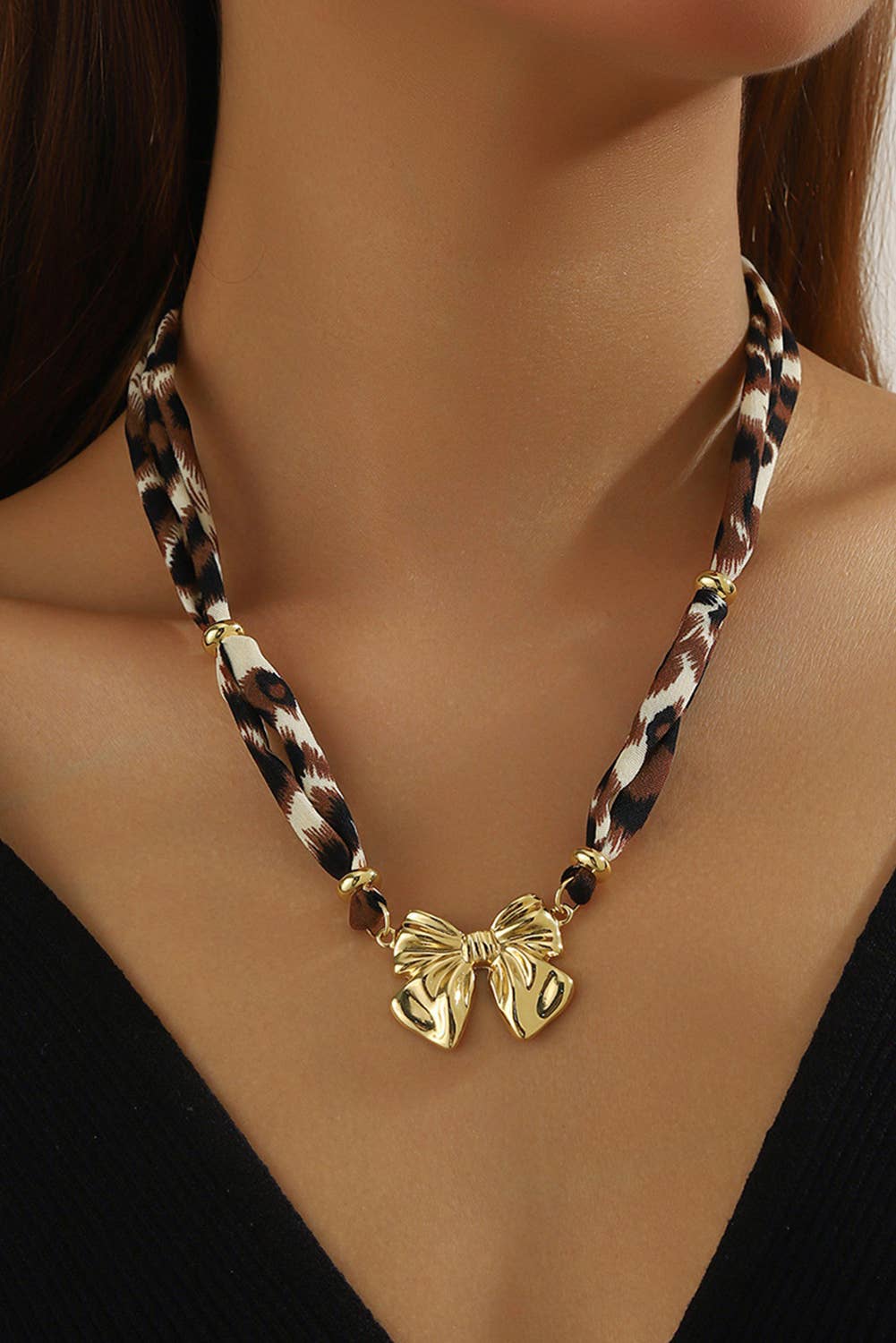 LDC Plated Bow Charm Leopard Ribbon Necklaced