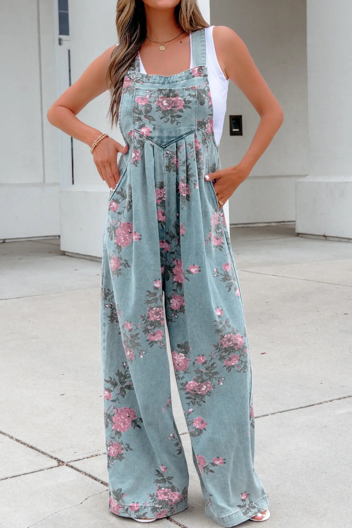 Floral Denim Wide Leg Overall Jumpsuit