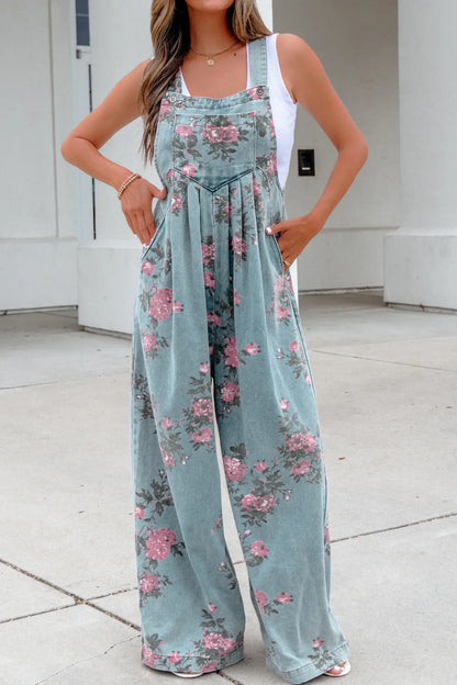 Floral Denim Wide Leg Overall Jumpsuit
