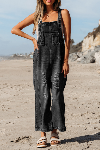 1 the Woman - Distressed Pocketed Wide Leg Capri Denim Overall