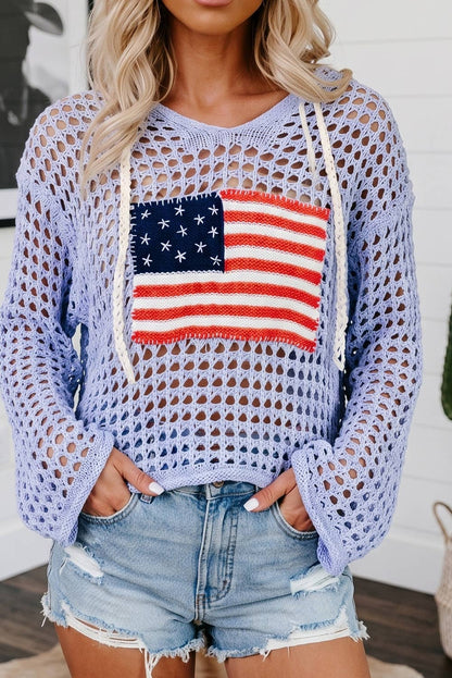 Hollow Out Crochet Knit American Flag Patched Sweater Hoodie