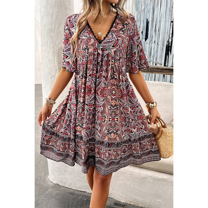 Allover Print Lace Trim Loose A Line Dress