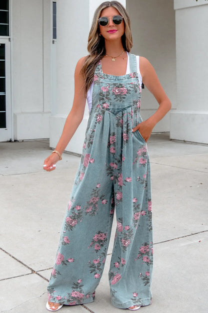 Floral Denim Wide Leg Overall Jumpsuit