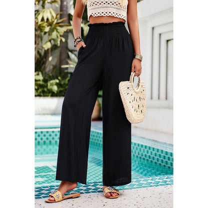 Pockets Elastic Waist Band Smocked Wide Leg Pant
