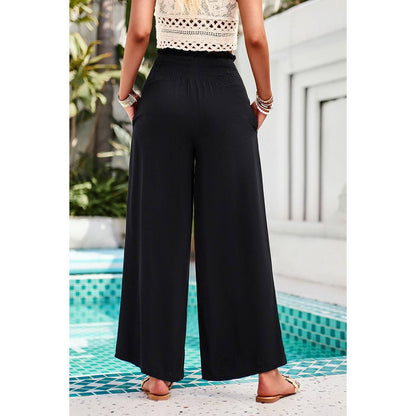 Pockets Elastic Waist Band Smocked Wide Leg Pant