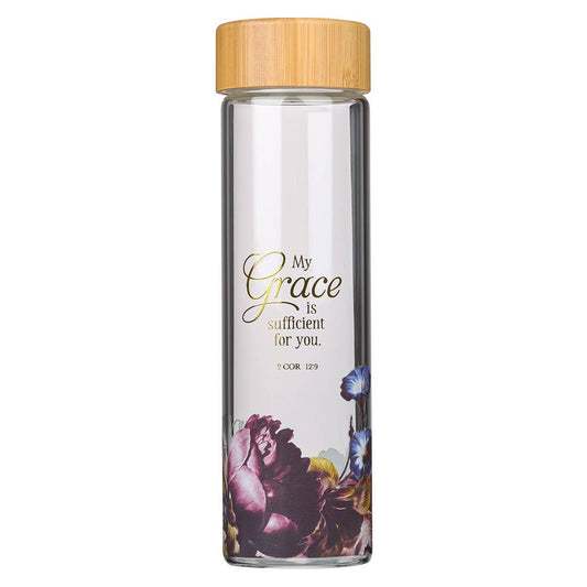 My Grace is Sufficient Glass Water Bottle with Bamboo Lid an