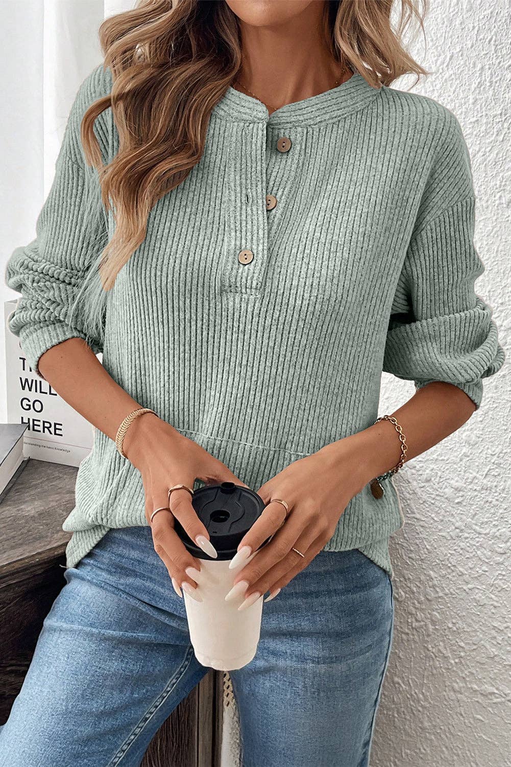 Clearly Pink Ribbed Texture Drop Shoulder Henley Knit Top