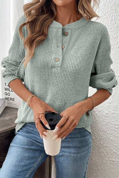 Clearly Pink Ribbed Texture Drop Shoulder Henley Knit Top