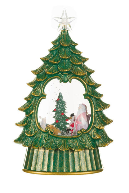 Green Led Star Topped Tree Snow Globe W/ Cozy Santa & Co