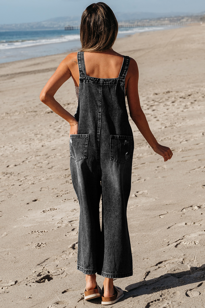 1 the Woman - Distressed Pocketed Wide Leg Capri Denim Overall