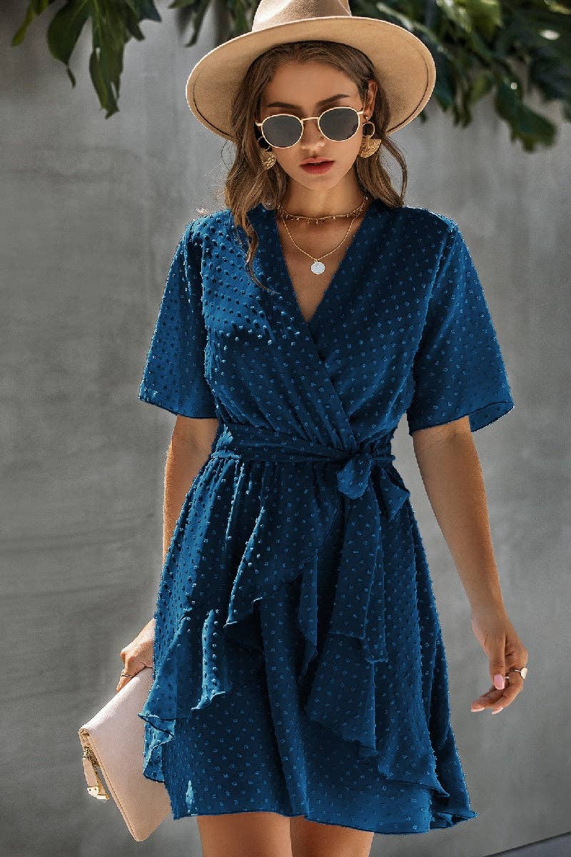 V Neck Ruffled Hem Wrap Dresses