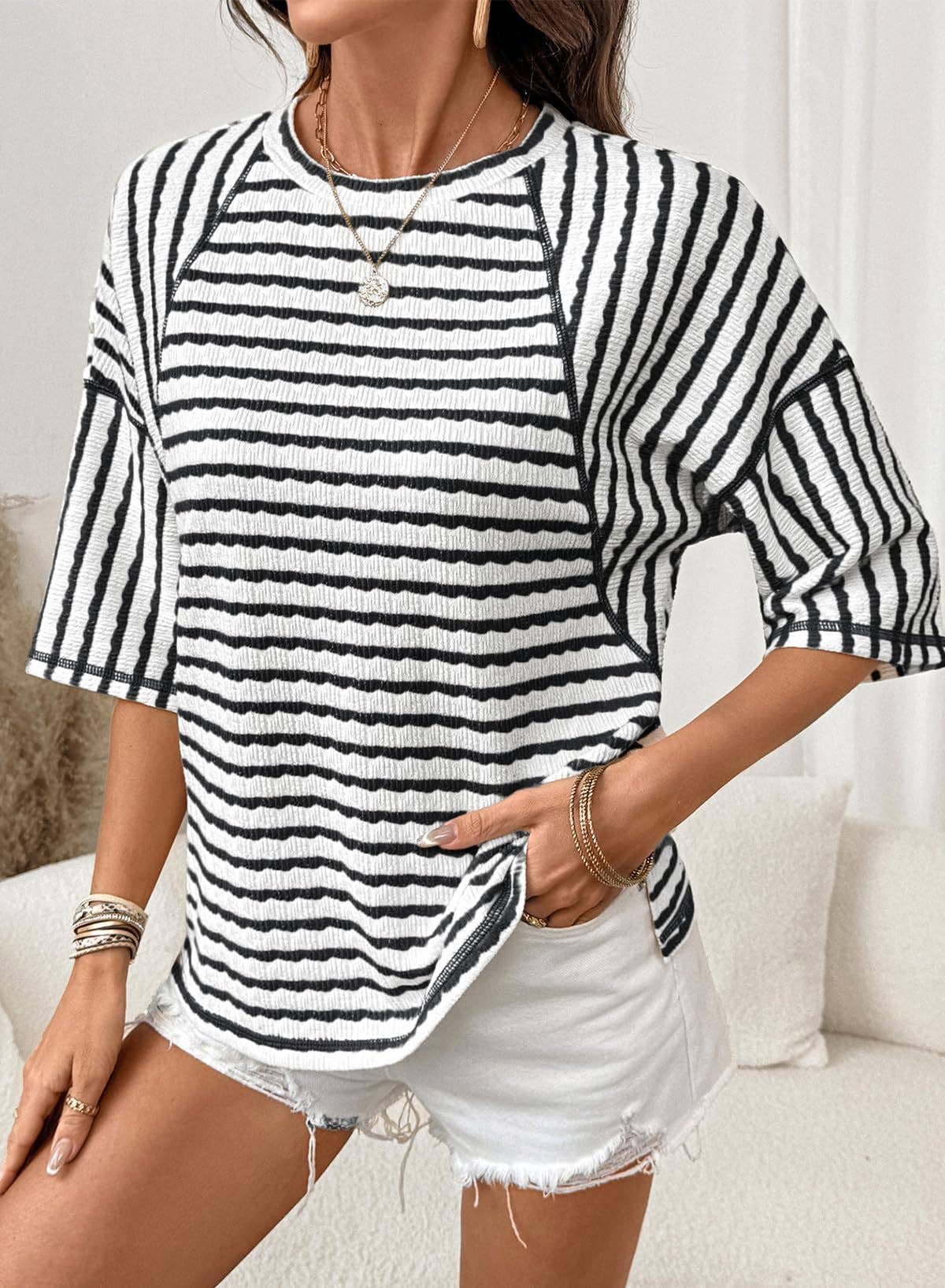 Striped Textured Tee Oversized Casual Boutique Top