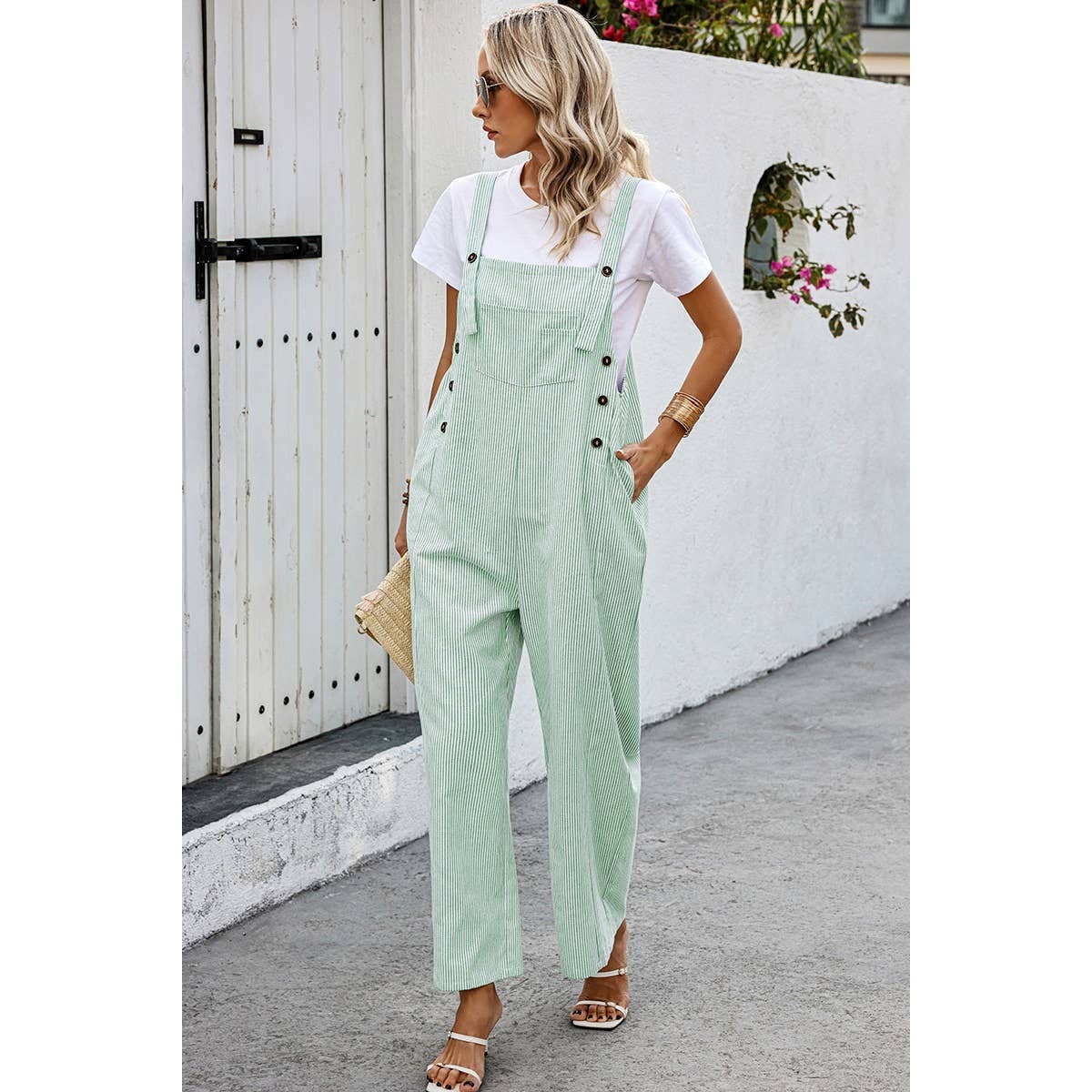 Solid Square Neck Button Trim Pockets Jumpsuit