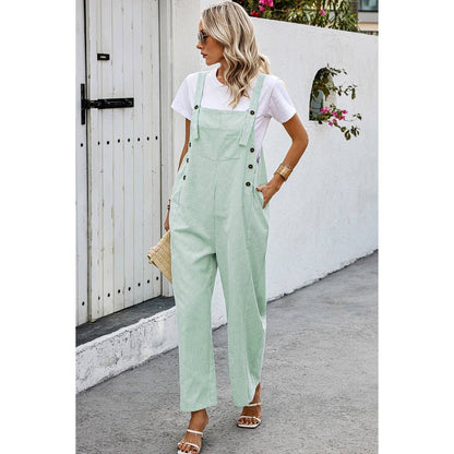Solid Square Neck Button Trim Pockets Jumpsuit