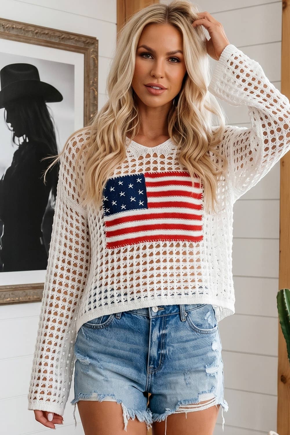 Hollow Out Crochet Knit American Flag Patched Sweater Hoodie