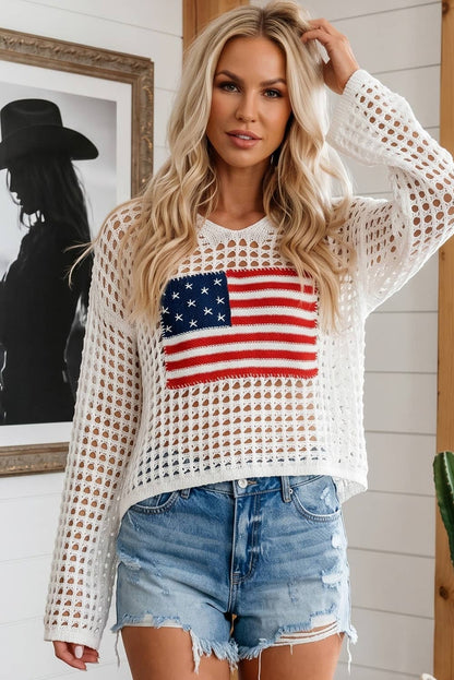 Hollow Out Crochet Knit American Flag Patched Sweater Hoodie