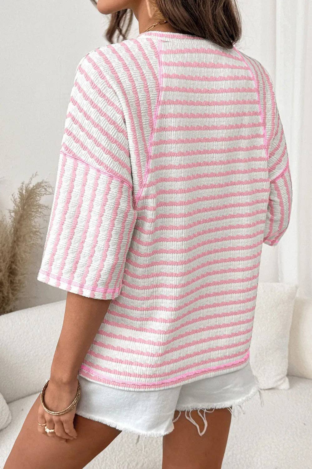 Striped Textured Tee Oversized Casual Boutique Top