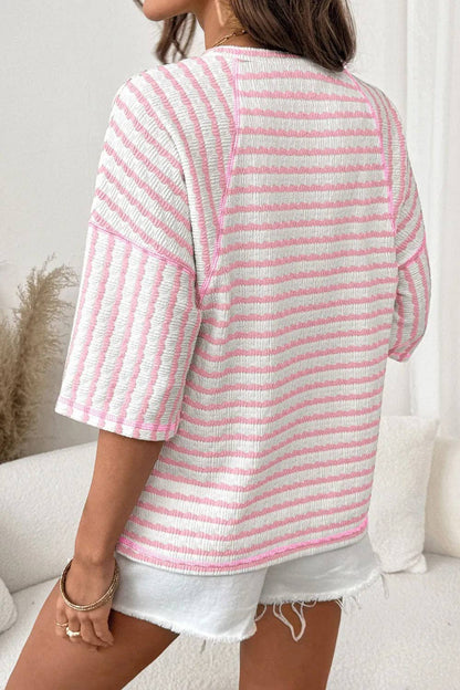 Striped Textured Tee Oversized Casual Boutique Top