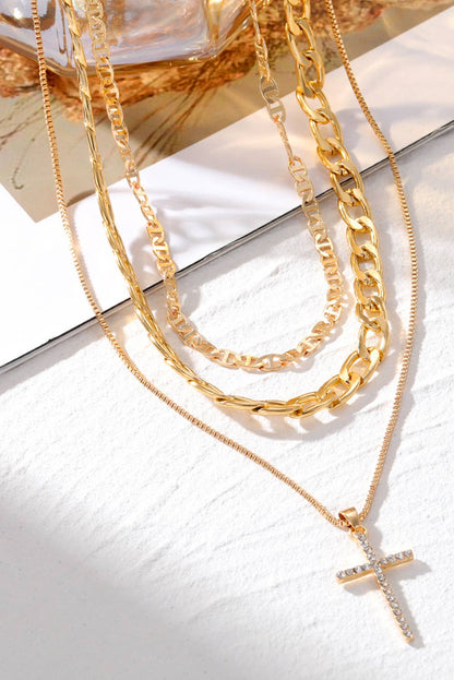 Plated Cross Pendant Multi Layer Stacked Chains Necklace