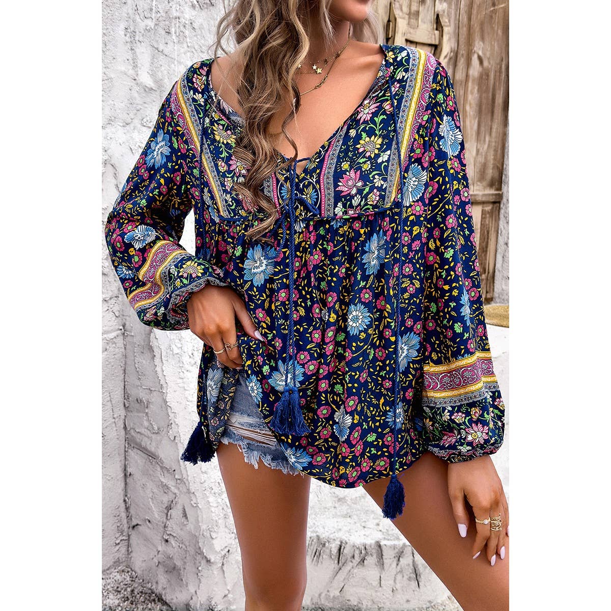 All Over Floral Print Cross Deep V Boho Top