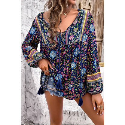 All Over Floral Print Cross Deep V Boho Top