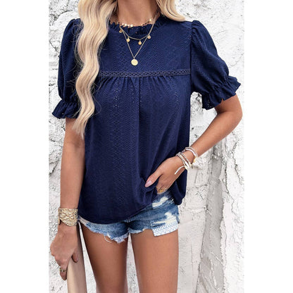 Round Neck Embroidery Ruffle Sleeve Loose Fit Shirts