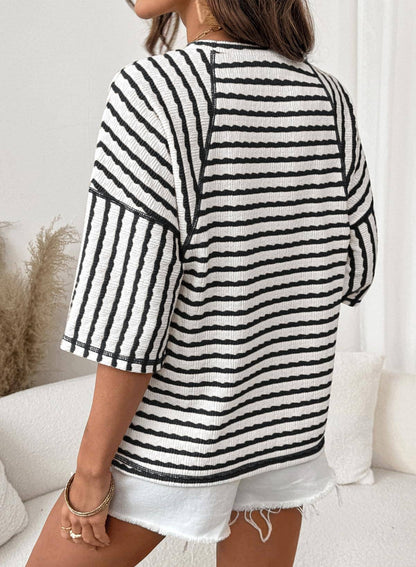 Striped Textured Tee Oversized Casual Boutique Top
