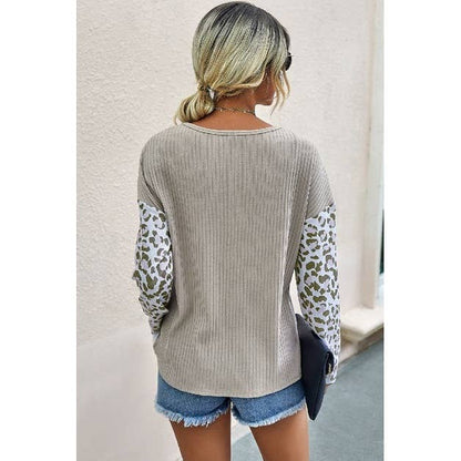 Leopard Print Crew Neck Long Sleeve Loose Fit Top
