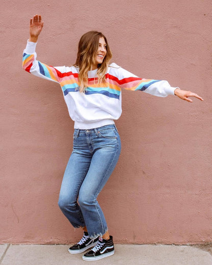 Women’s Rainbow Stripe Crewneck Pullover Casual Long Sleeve Top