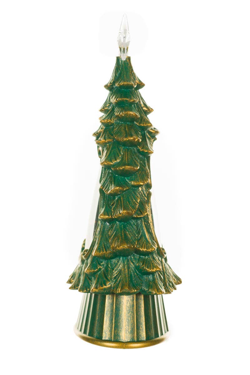 Green Led Star Topped Tree Snow Globe W/ Cozy Santa & Co