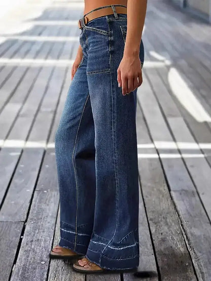 Wash Denim Wide Leg Jeans High Waist Patch Pocke