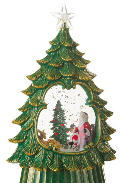 Green Led Star Topped Tree Snow Globe W/ Cozy Santa & Co
