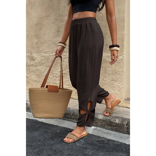 Solid Loose Elastic Waist Hollow Out Long Pant