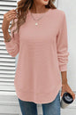 White Rounded Hem Waffle Long Sleeve Top