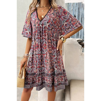 Allover Print Lace Trim Loose A Line Dress