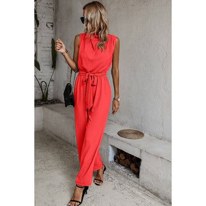 Solid Sleeveless Cut Out Back Belted Jumpsuit
