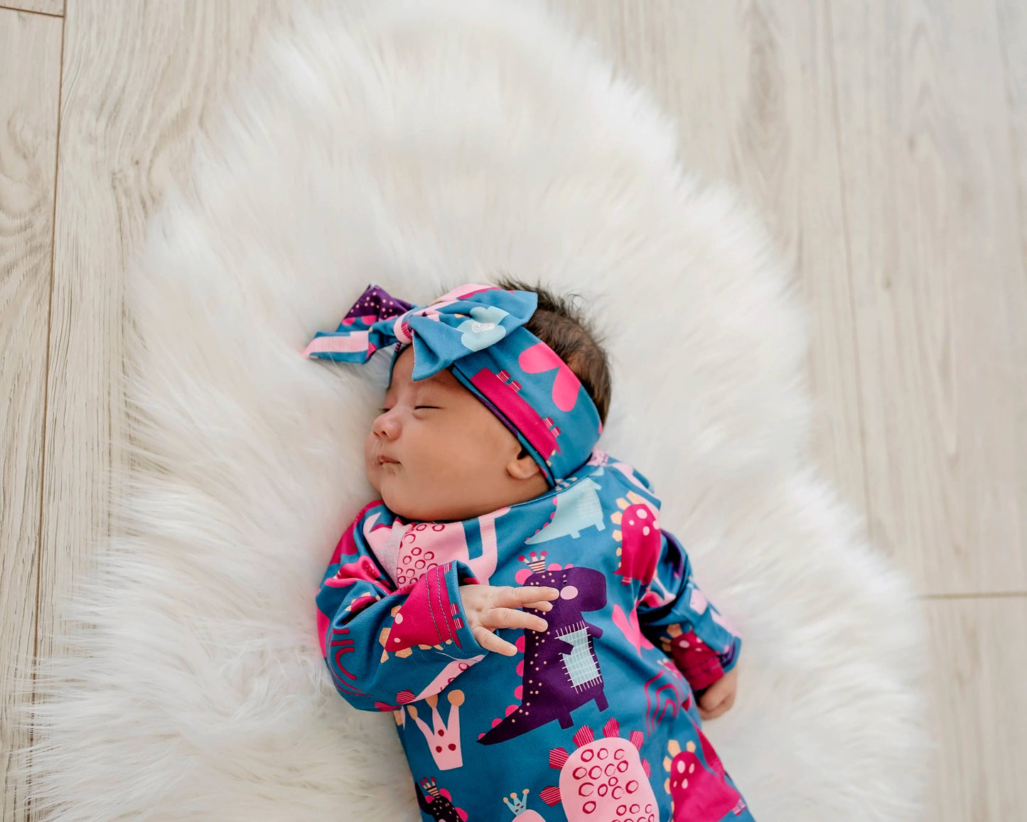 Infant Girl Dino Baby Gown and Bow Headband