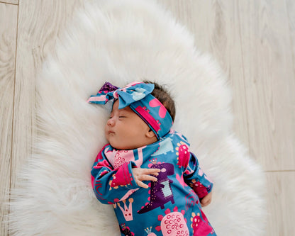 Infant Girl Dino Baby Gown and Bow Headband