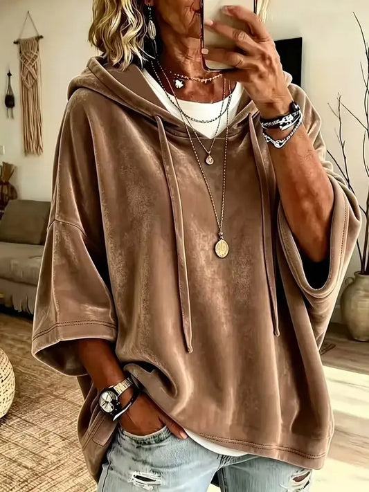 Velvet Oversized 3/4 Sleeve Hooded Sweatshirt